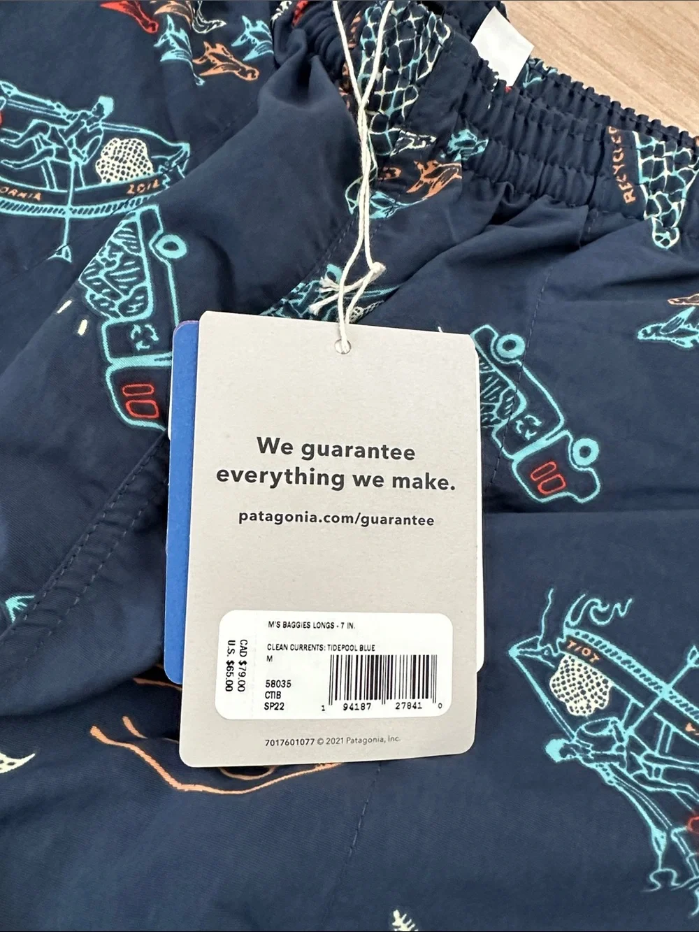 Patagonia Men’s Baggies Longs- Sz Med/7” insm - Navy w/ Fishing Print- NWT